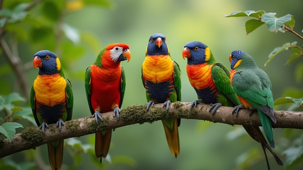 A group of colorful wild birds perched on leafy branches in a natural setting