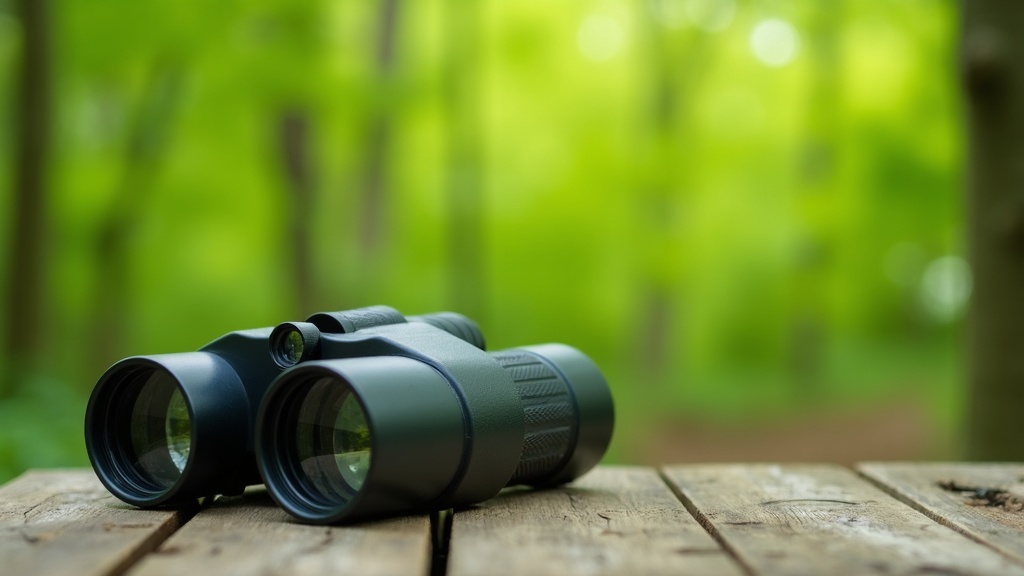 A pair of birdwatching binoculars resting on a wooden surface with a blurred green forest background.